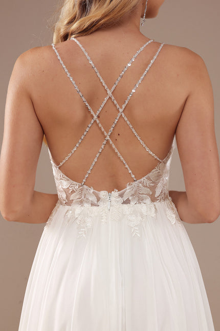 Trapèze col v traîne balayage mousseline dentelle robe de mariée avec perles paillettes - gallery 4