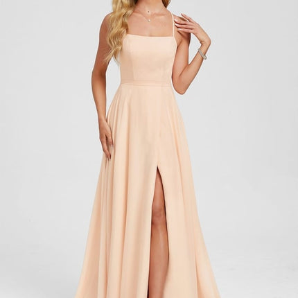 Trapèze col carré traîne balayage mousseline robe de bal