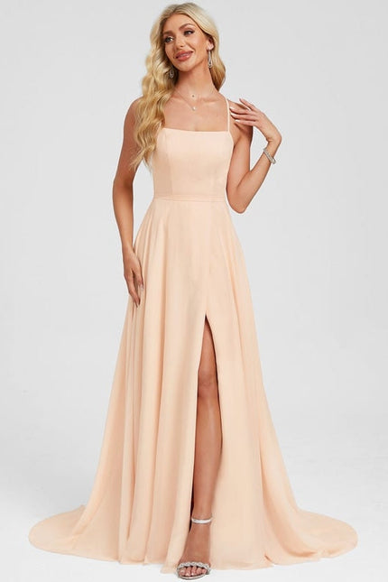 Trapèze col carré traîne balayage mousseline robe de bal