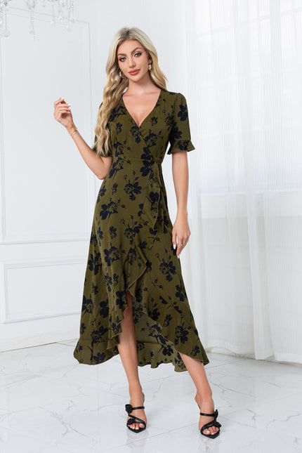 Robe jacquard col v trapèze polyester asymétrique midi - gallery 5