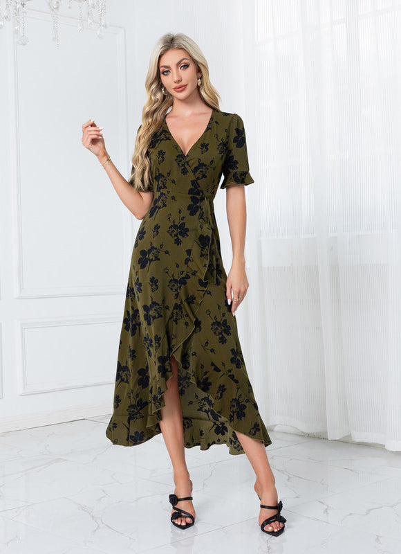 Robe jacquard col v trapèze polyester asymétrique midi - gallery 5