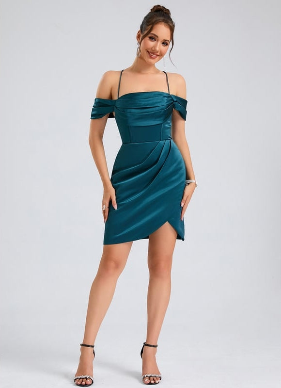Fourreau épaule dénudée court satin robe de bal de promo - gallery 2