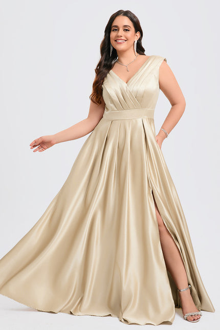 Trapèze col v longueur ras du sol satin robe de demoiselle d'honneur - gallery 6
