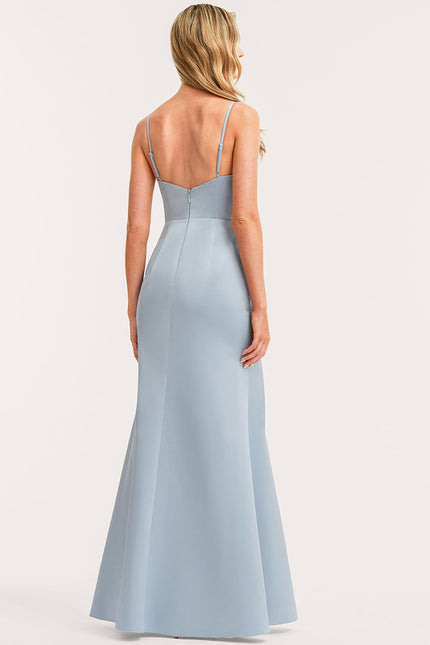 Trapèze col v longueur ras du sol satin robe de demoiselle d'honneur - gallery 6