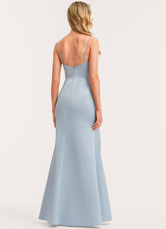 Trapèze col v longueur ras du sol satin robe de demoiselle d'honneur - gallery 6