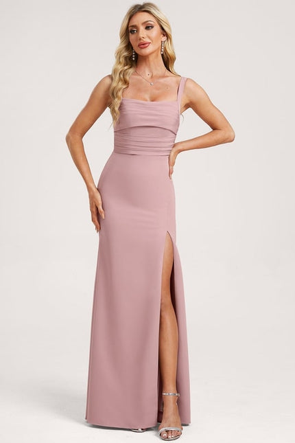 Sirène col carré longueur ras du sol crêpe extensible robe de demoiselle d'honneur