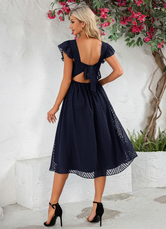 Robe à volants jacquard col v trapèze mousseline jacquard midi - gallery 8