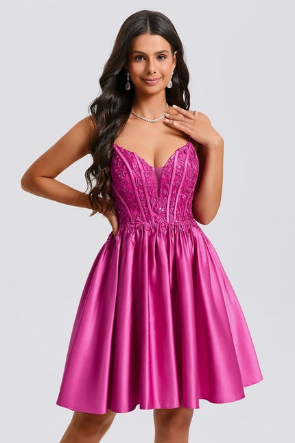 Princesse col v court satin robe de bal de promo avec paillettes - gallery 3