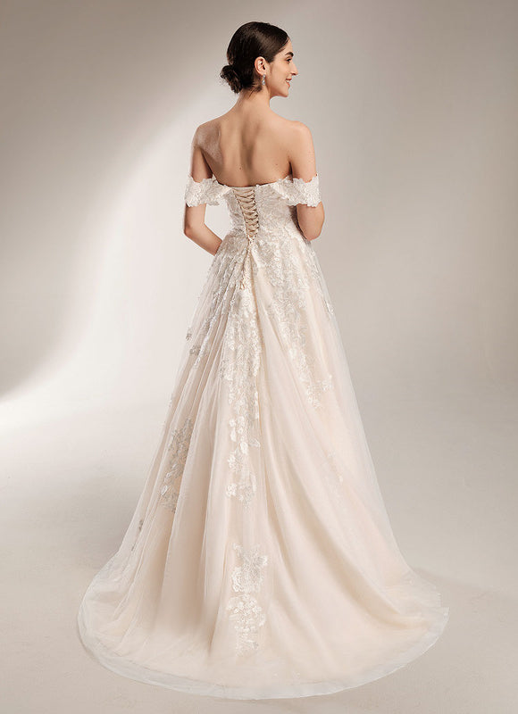 Princesse épaule dénudée traîne balayage tulle dentelle robe de mariée - gallery 3