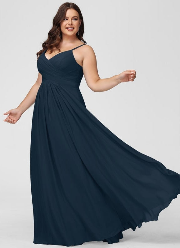 Trapèze col v longueur ras du sol mousseline robe de bal avec plissée - gallery 7