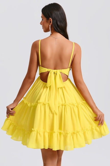 Trapèze col v court mousseline robe de bal de promo avec à volants paillettes - gallery 6