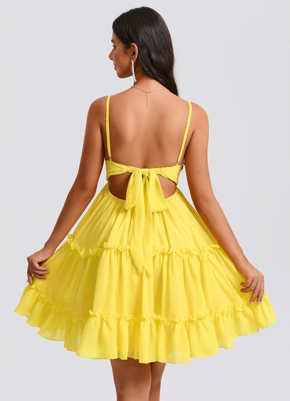 Trapèze col v court mousseline robe de bal de promo avec à volants paillettes - gallery 6