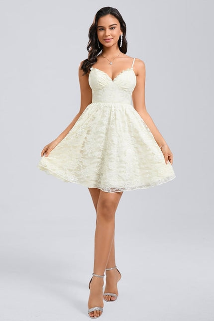 Trapèze col v court dentelle robe de bal de promo - gallery 5