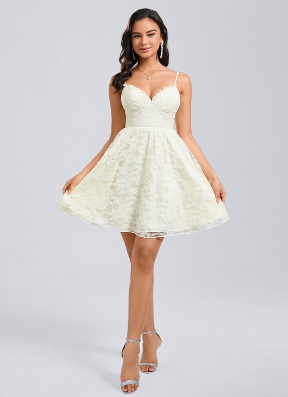 Trapèze col v court dentelle robe de bal de promo - gallery 5