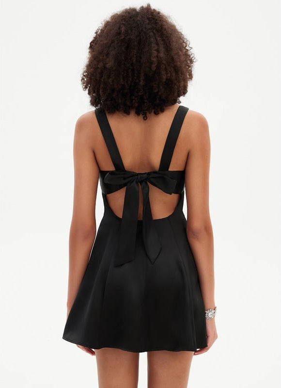 Trapèze col v mini satin de soie robe de bal de promo avec nœud - gallery 3