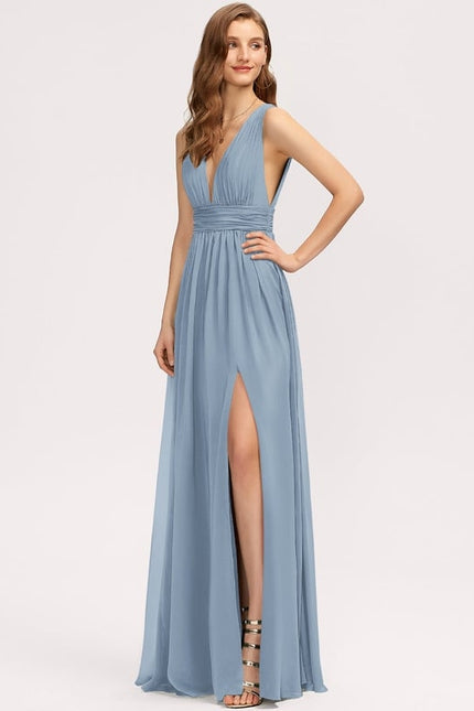 Trapèze col v longueur ras du sol mousseline robe de bal avec plissée - gallery 3