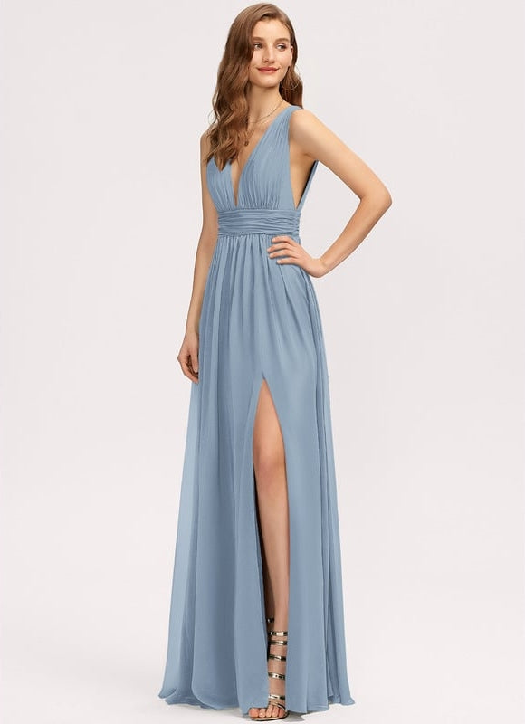 Trapèze col v longueur ras du sol mousseline robe de bal avec plissée - gallery 3