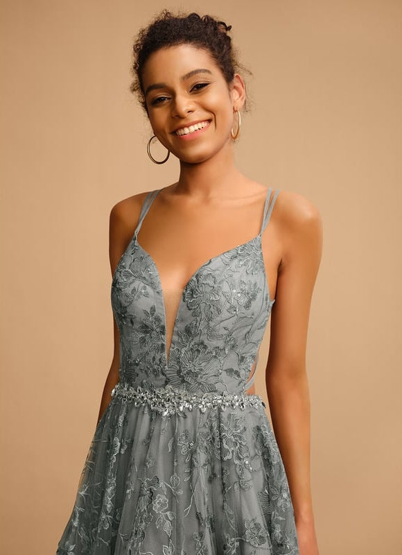 Princesse col v longueur ras du sol tulle dentelle robe de bal - gallery 1