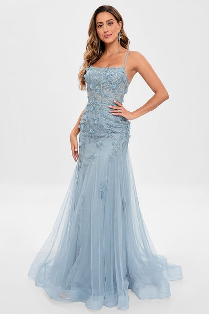 Sirène col droit traîne balayage tulle robe de bal avec fleurs - gallery 2