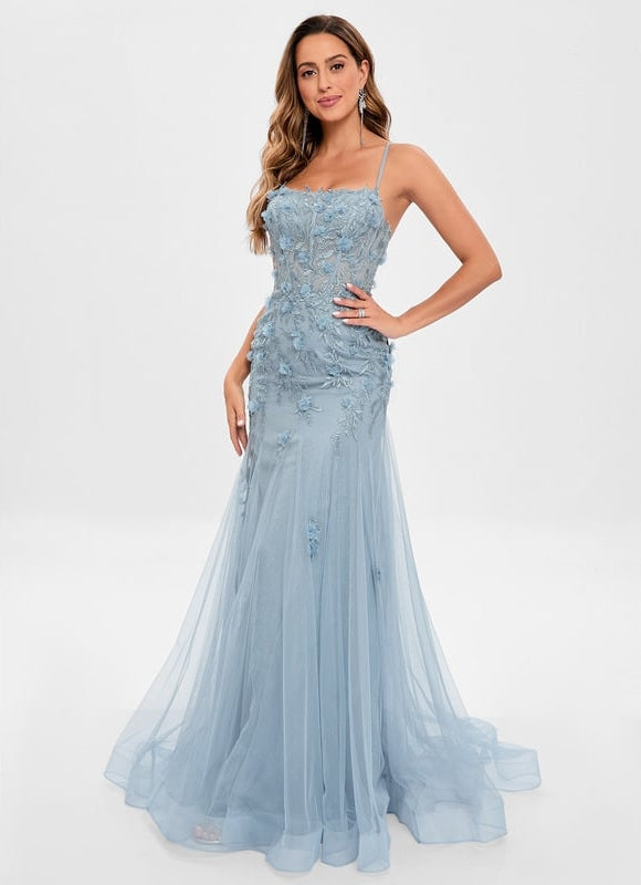 Sirène col droit traîne balayage tulle robe de bal avec fleurs - gallery 2
