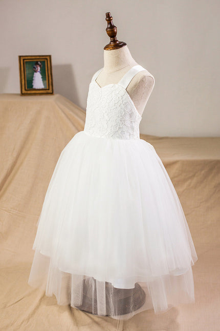 Princesse col cœur longueur mollet satin/tulle/dentelle robes fille mariage avec nœud - gallery 4