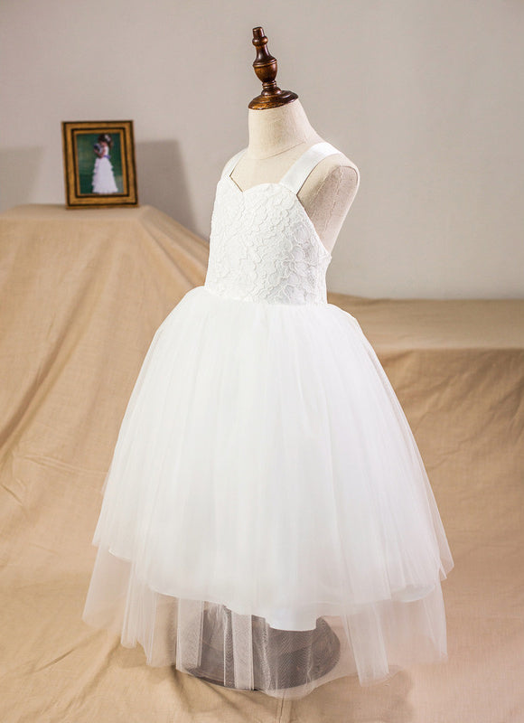 Princesse col cœur longueur mollet satin/tulle/dentelle robes fille mariage avec nœud - gallery 4