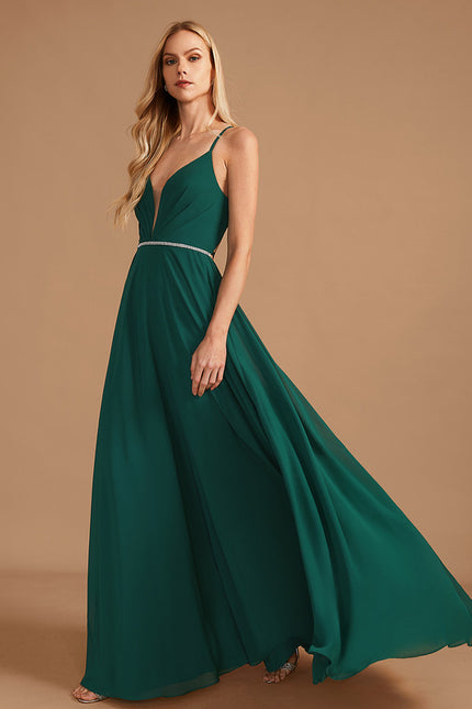 Trapèze col v longueur ras du sol mousseline robe de demoiselle d'honneur avec perles - gallery 3