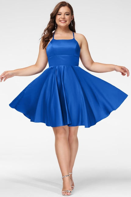 Trapèze col carré court satin robe de bal de promo - gallery 5