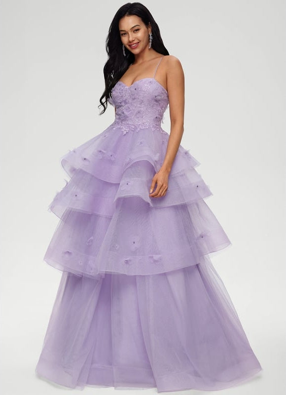 Princesse col cœur longueur ras du sol tulle robe de bal avec paillettes perles - gallery 3