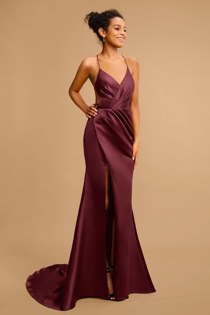 Fourreau col v traîne balayage satin robe de bal avec plissée - gallery 3