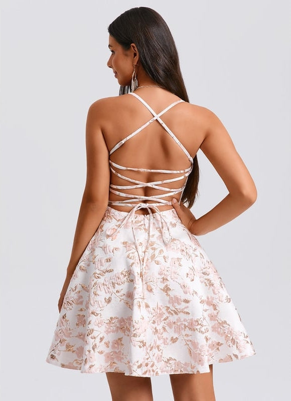Trapèze col rond court jacquard robe de bal de promo - gallery 1