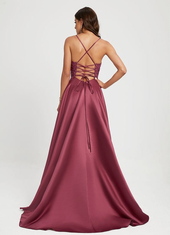 Trapèze col carré traîne balayage satin robe de bal avec strass - gallery 3