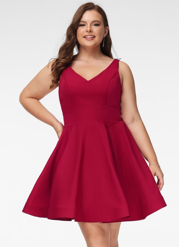 Trapèze col v court crêpe extensible robe de bal de promo - gallery 8