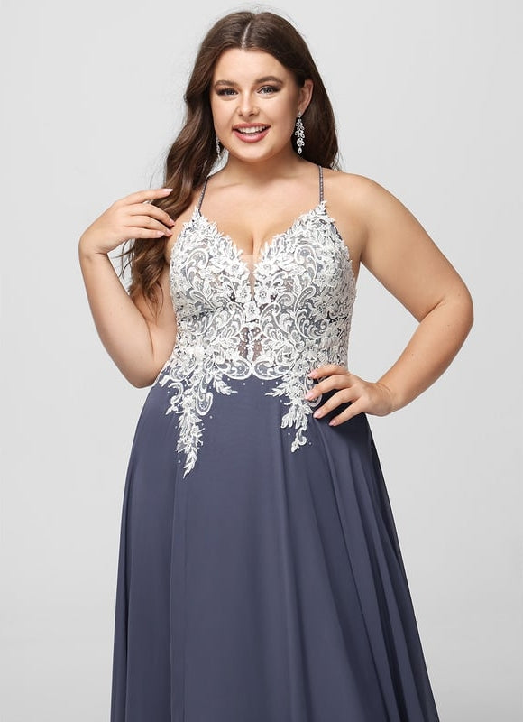 Trapèze col v longueur ras du sol mousseline robe de bal avec perles paillettes - gallery 7