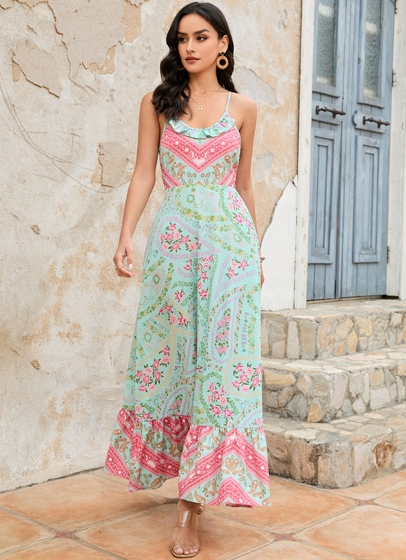 Robe imprimé fleur licou trapèze polyester maxi - gallery 7