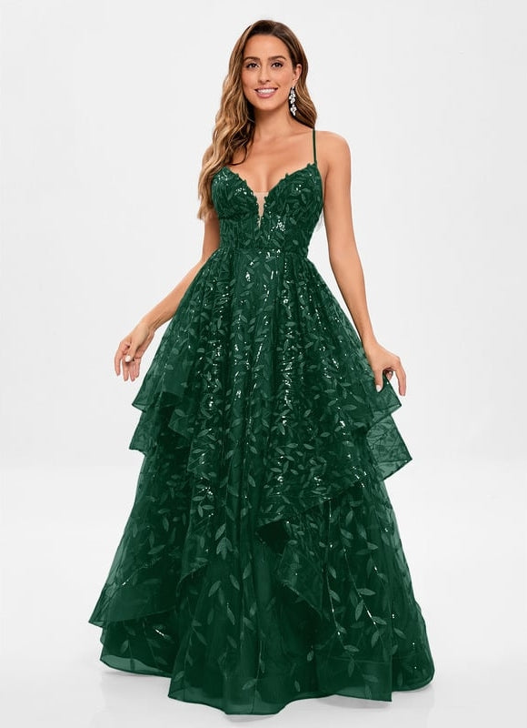 Princesse col v longueur ras du sol dentelle floral robe de bal avec paillettes