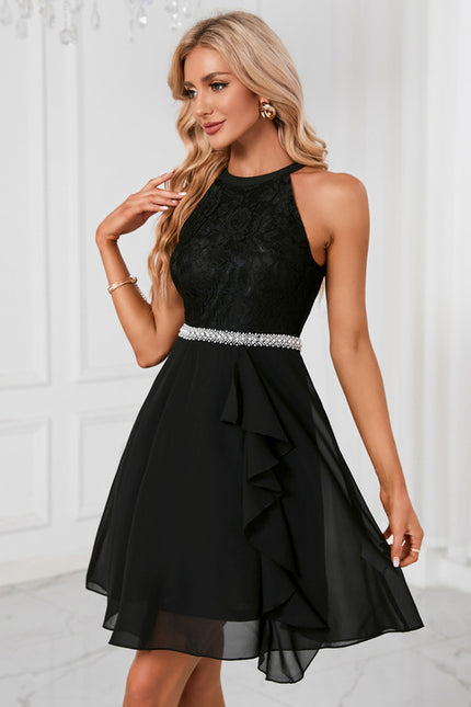 Robe perles licou trapèze mousseline dentelle mini - gallery 1