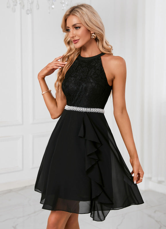 Robe perles licou trapèze mousseline dentelle mini - gallery 1