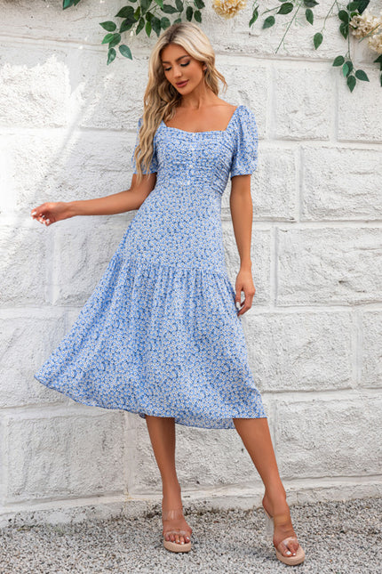 Robe à volants imprimé fleur col carré trapèze rayonne midi