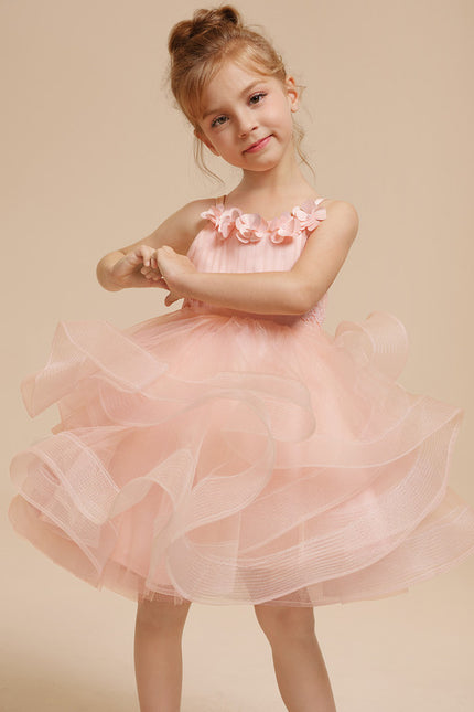 Princesse col rond longueur genou tulle robes fille mariage avec motif floral 3d - gallery 7
