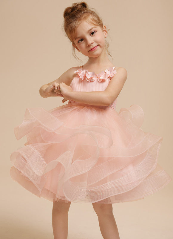 Princesse col rond longueur genou tulle robes fille mariage avec motif floral 3d - gallery 7