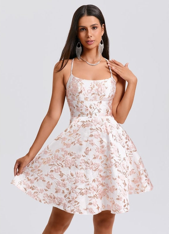 Trapèze col rond court jacquard robe de bal de promo