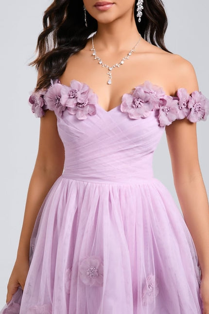 Princesse épaule dénudée court tulle robe de bal de promo avec plissée fleurs - gallery 4
