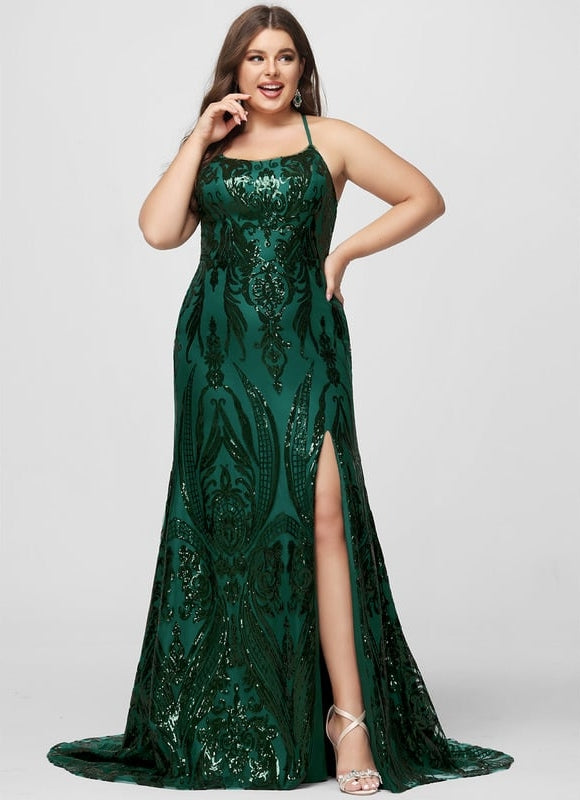 Sirène col rond traîne balayage paillette robe de bal avec paillettes - gallery 5