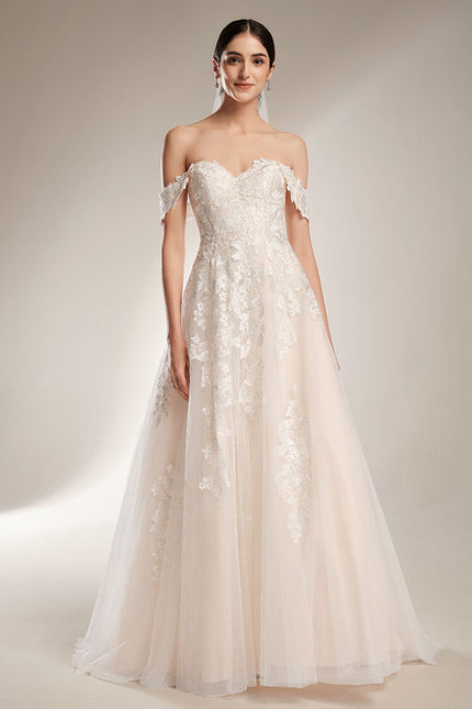 Princesse épaule dénudée traîne balayage tulle dentelle robe de mariée - gallery 6