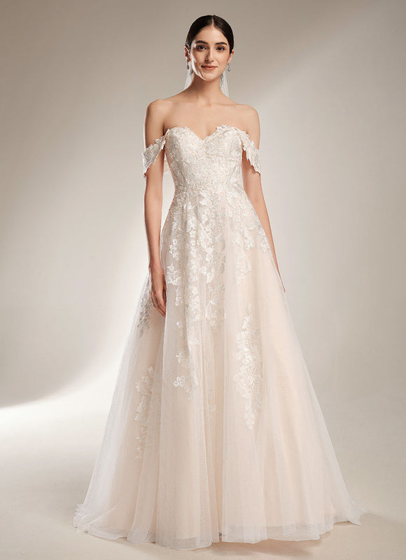 Princesse épaule dénudée traîne balayage tulle dentelle robe de mariée - gallery 6