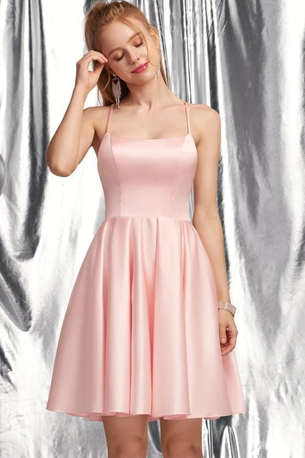 Trapèze col carré court satin robe de bal - gallery 1