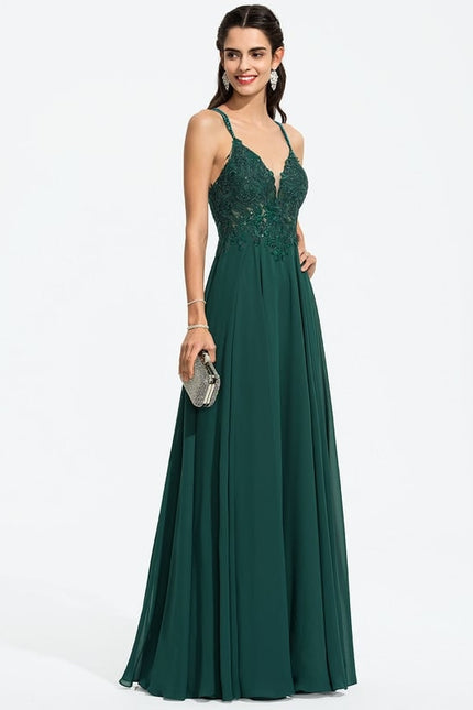 Trapèze col v longueur ras du sol mousseline robe de bal avec perles paillettes - gallery 5