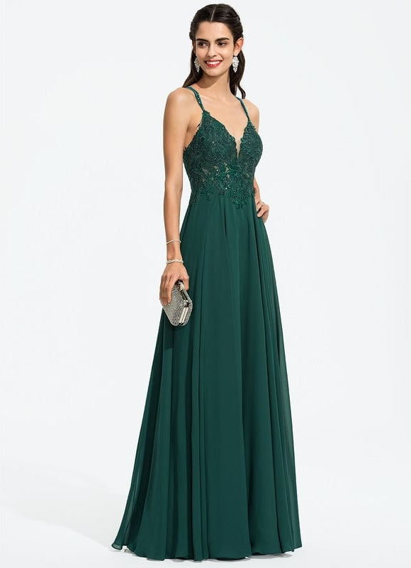 Trapèze col v longueur ras du sol mousseline robe de bal avec perles paillettes - gallery 5