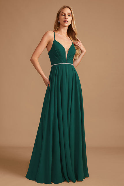 Trapèze col v longueur ras du sol mousseline robe de demoiselle d'honneur avec perles - gallery 2